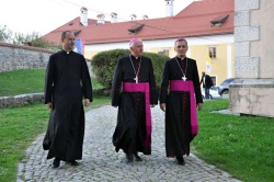 Ljubljanski nadškof Stanislav Zore in novomeški škof Andrej Saje  ob novomeški kapiteljski cerkvi. Bi bil slednji lahko povišan v  nadškofa? (Foto: STA)