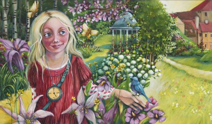 Tina Brinovar: Sava v Hočevarjevem vrtu, 2014, akril, platno, 50x70 cm